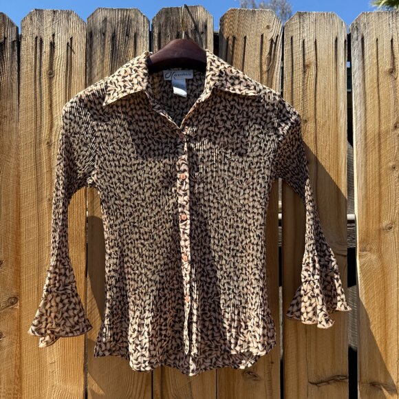PRICE FIRM Y2K Blouse Vintage Dressbarn Brown Pleated Button Down Flare Top M/L - Picture 4 of 11